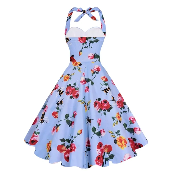 ANNI COCO HALTER 1950S FLORAL BEE PRINT ROCKABILLY COCKTAIL SWING DRESS SIZE S - Picture 3 of 16